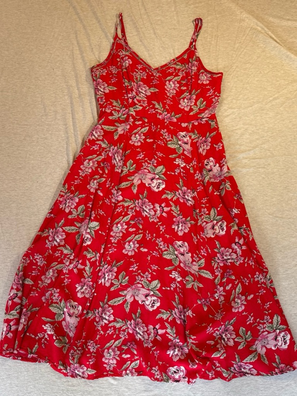Red Floral Midi Dress with Adjustable Straps